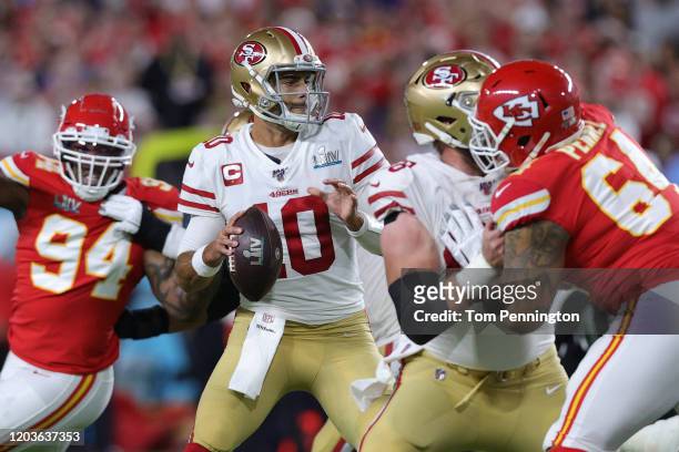 Jimmy Garoppolo of the San Francisco 49ers looks to pass against the Kansas City Chiefs in Super Bowl LIV at Hard Rock Stadium on February 02, 2020...