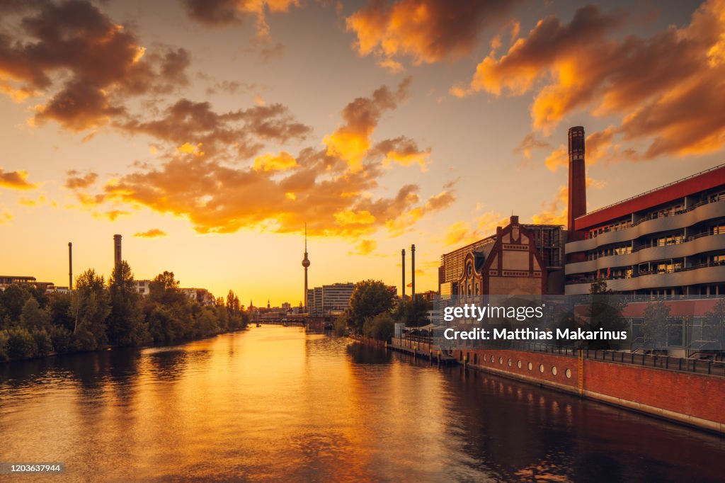 Berlin City Modern Business Golden Summer Spree Skyline with Sunset and Reflection