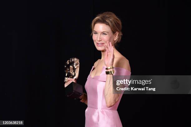 Renee Zellweger, winner of the Bafta for Best Actress, poses in the Winners Room during the EE British Academy Film Awards 2020 at Royal Albert Hall...