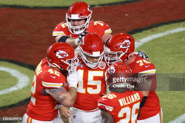 Patrick Mahomes of the Kansas City Chiefs reacts after running for a touchdown against the San Francisco 49ers during the first quarter in Super Bowl...