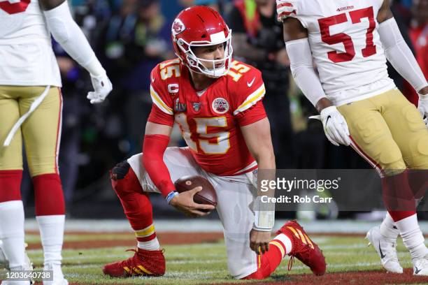 Patrick Mahomes of the Kansas City Chiefs reacts after running for a touchdown against the San Francisco 49ers during the first quarter in Super Bowl...