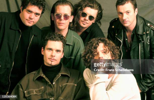 10th NOVEMBER: Australian band INXS pose in Bussum, Netherlands on 10th November 1992. The band members are Garry Gary Beers, Andrew Farriss, John...