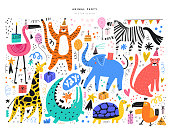 Exotic animals and event symbols illustrations set