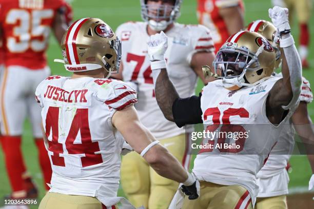 Kyle Juszczyk of the San Francisco 49ers reacts after a 15-yard touchdown reception against the Kansas City Chiefs during the second quarter in Super...