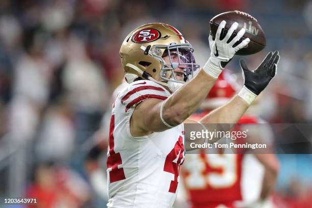 Kyle Juszczyk of the San Francisco 49ers reacts after a 15-yard touchdown reception against the Kansas City Chiefs during the second quarter in Super...