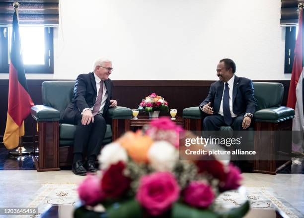 February 2020, Sudan, Khartum: Federal President Frank-Walter Steinmeier and Abdalla Hamdok, Prime Minister of the Republic of Sudan, meet for talks...