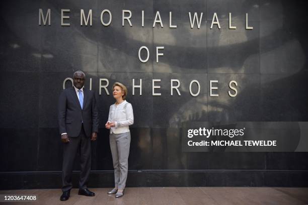 European Commission President Ursula von der Leyen and African Union Commission Chairman Moussa Faki Mahamat visit the Memorial wall of African...