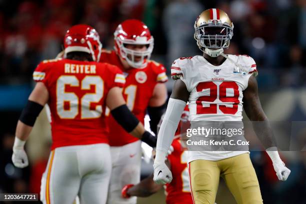 Jaquiski Tartt of the San Francisco 49ers reacts against the Kansas City Chiefs during the second quarter in Super Bowl LIV at Hard Rock Stadium on...