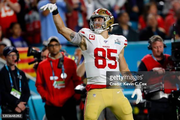 George Kittle of the San Francisco 49ers reacts against the Kansas City Chiefs during the second quarter in Super Bowl LIV at Hard Rock Stadium on...
