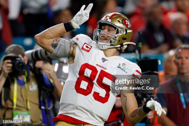 George Kittle of the San Francisco 49ers reacts against the Kansas City Chiefs during the second quarter in Super Bowl LIV at Hard Rock Stadium on...