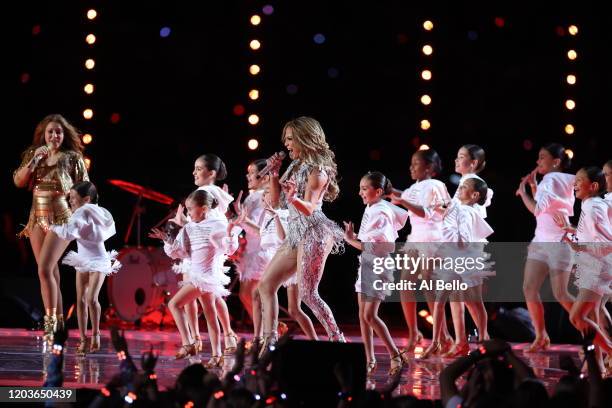 Singers Shakira and Jennifer Lopez perform during the Pepsi Super Bowl LIV Halftime Show at Hard Rock Stadium on February 02, 2020 in Miami, Florida.