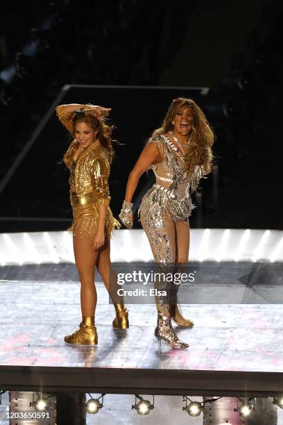 Shakira and Jennifer Lopez perform during the Pepsi Super Bowl LIV Halftime Show at Hard Rock Stadium on February 02, 2020 in Miami, Florida.