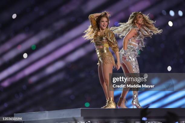 Singers Shakira and Jennifer Lopez perform during the Pepsi Super Bowl LIV Halftime Show at Hard Rock Stadium on February 02, 2020 in Miami, Florida.