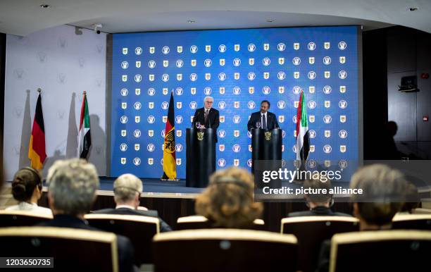 February 2020, Sudan, Khartum: Federal President Frank-Walter Steinmeier and Abdalla Hamdok, Prime Minister of the Republic of Sudan, speak at a...