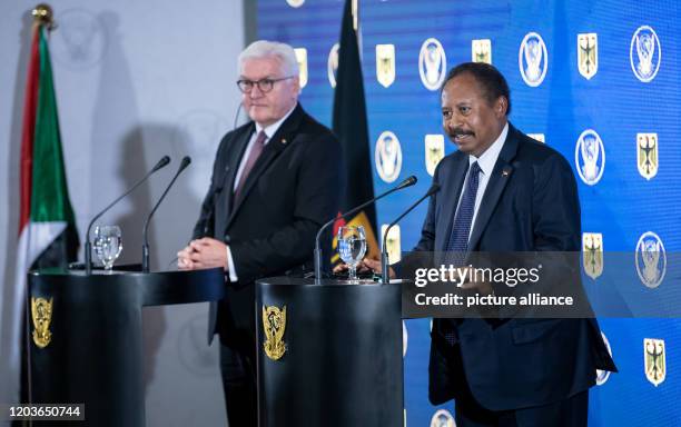 February 2020, Sudan, Khartum: Federal President Frank-Walter Steinmeier and Abdalla Hamdok, Prime Minister of the Republic of Sudan, speak at a...