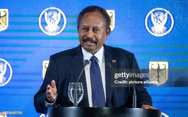 February 2020, Sudan, Khartum: Abdalla Hamdok, Prime Minister of the Republic of Sudan, speaking at a press conference with President Steinmeier...