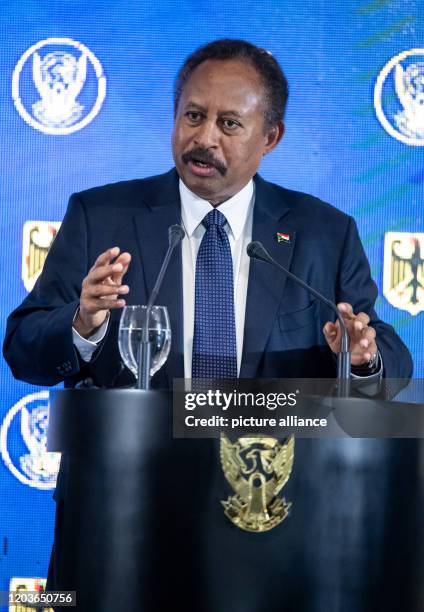 February 2020, Sudan, Khartum: Abdalla Hamdok, Prime Minister of the Republic of Sudan, speaking at a press conference with President Steinmeier...