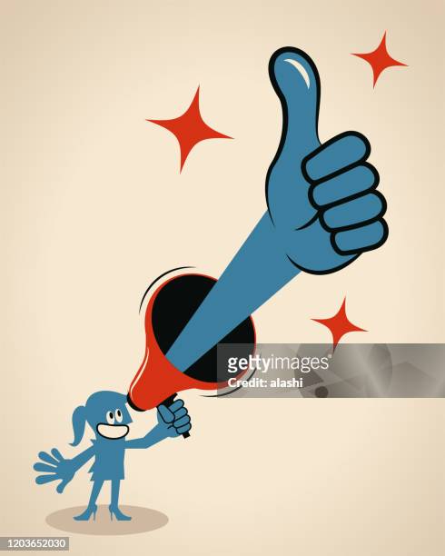 smiling businesswoman holding a megaphone with a thumbs up gesture - congratulating child stock illustrations
