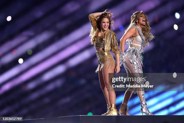 Singers Shakira and Jennifer Lopez perform during the Pepsi Super Bowl LIV Halftime Show at Hard Rock Stadium on February 02, 2020 in Miami, Florida.