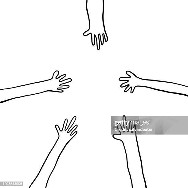 human hands reaching out pencil drawings - woman black and white stock illustrations