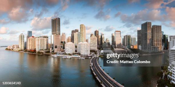 panoramic of miami skyline at sunrise, florida, usa - miami skyline stock pictures, royalty-free photos & images