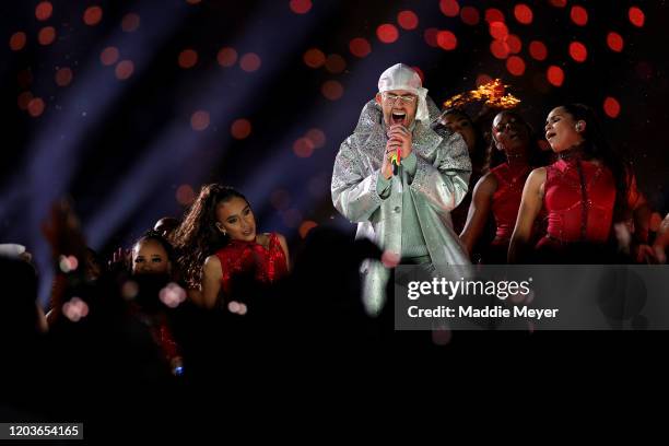 Puerto Rican singer Bad Bunny performs during the Pepsi Super Bowl LIV Halftime Show at Hard Rock Stadium on February 02, 2020 in Miami, Florida.
