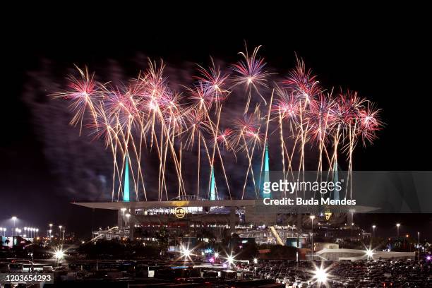 Fireworks erupt overHard Rock Stadium during the Pepsi Super Bowl LIV Halftime Show on February 02, 2020 in Miami, Florida.