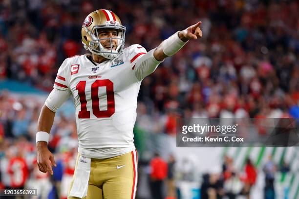 Jimmy Garoppolo of the San Francisco 49ers celebrates after a touchdown of his team against the Kansas City Chiefs during the third quarter in Super...