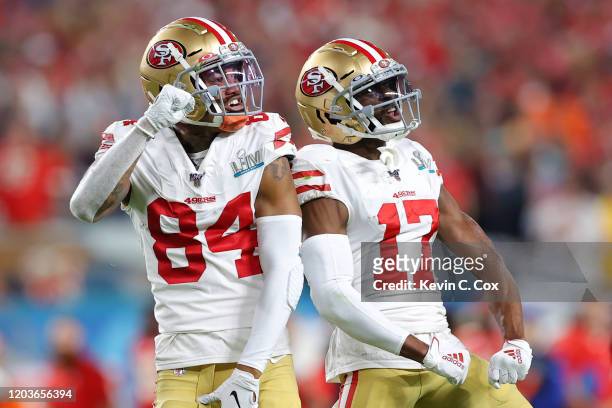 Kendrick Bourne of the San Francisco 49ers and Emmanuel Sanders of the San Francisco 49ers react during the third quarter against the Kansas City...