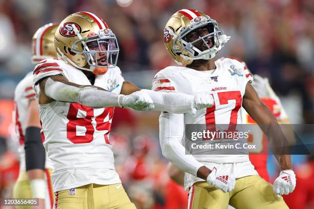 Kendrick Bourne of the San Francisco 49ers and Emmanuel Sanders of the San Francisco 49ers react during the third quarter against the Kansas City...