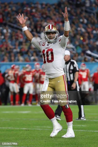 Jimmy Garoppolo of the San Francisco 49ers celebrates after a touchdown against the Kansas City Chiefs during the third quarter in Super Bowl LIV at...