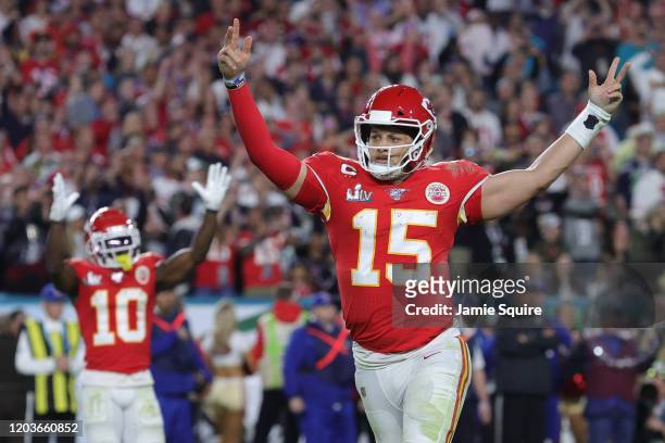 Patrick Mahomes of the Kansas City Chiefs celebrates after throwing a touchdown pass against the San Francisco 49ers during the fourth quarter in...