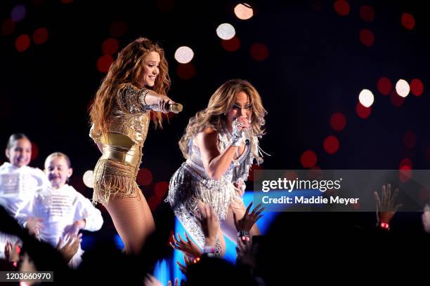 Singers Shakira and Jennifer Lopez perform during the Pepsi Super Bowl LIV Halftime Show at Hard Rock Stadium on February 02, 2020 in Miami, Florida.