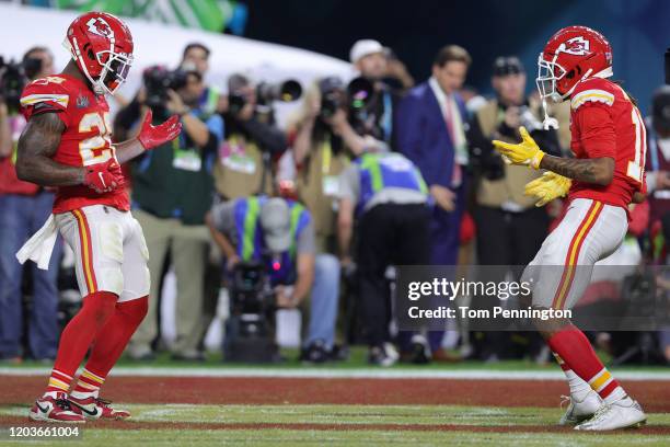 Damien Williams of the Kansas City Chiefs celebrates after a touchdown against the San Francisco 49ers during the fourth quarter in Super Bowl LIV at...