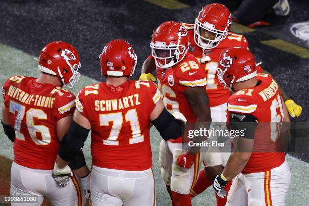 Damien Williams of the Kansas City Chiefs celebrates after a touchdown against the San Francisco 49ers during the fourth quarter in Super Bowl LIV at...