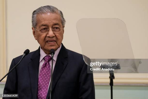 Malaysia's interim Prime Minister Mahathir Mohammad hold a press conference to announce New Economic Planning at his office in Putrajaya, Malaysia on...