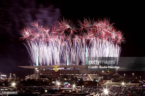 Fireworks erupt as Jennifer Lopez and Shakira perform during the Pepsi Super Bowl LIV Halftime Show at Hard Rock Stadium on February 02, 2020 in...