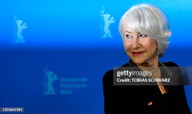 British actress Helen Mirren poses during a photocall part of the "Homage Dame Helen Mirren" on February 27, 2020 at the 70th Berlinale film festival...