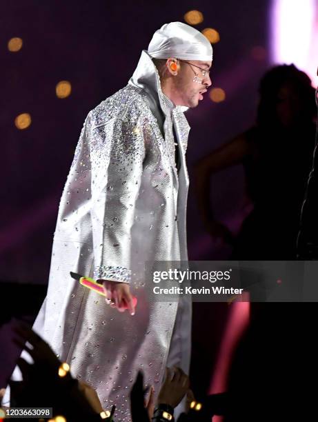 Bad Bunny performs onstage during the Pepsi Super Bowl LIV Halftime Show at Hard Rock Stadium on February 02, 2020 in Miami, Florida.