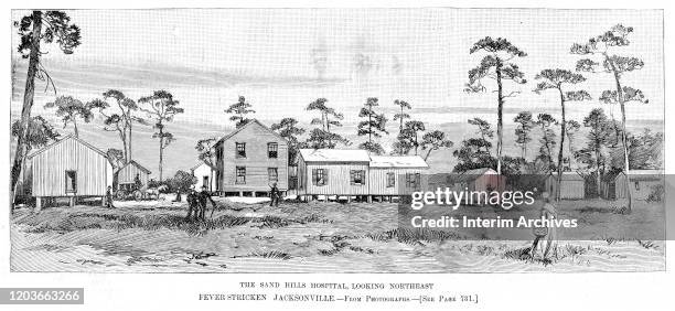 Illustration, looking northeast, at the Sand Hills Hospital near Jacksonville, Florida, 1888. Patients from the 1888 Yellow Fever epidemc in...