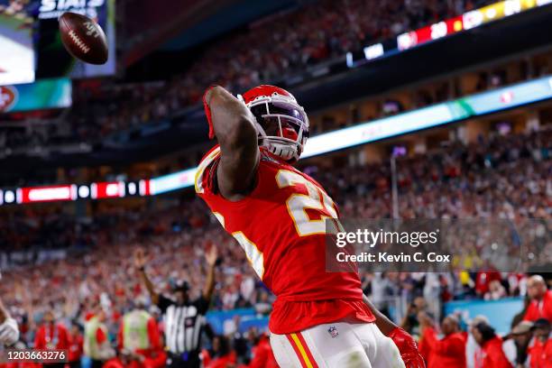 Damien Williams of the Kansas City Chiefs runs for a touchdown against the San Francisco 49ers during the fourth quarter in Super Bowl LIV at Hard...