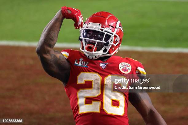 Damien Williams of the Kansas City Chiefs celebrates after a touchdown against the San Francisco 49ers during the fourth quarter in Super Bowl LIV at...