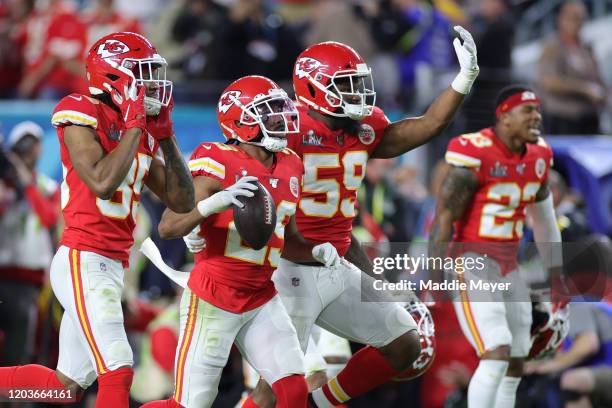 Kendall Fuller of the Kansas City Chiefs celebrates after a interception against the San Francisco 49ers during the fourth quarter in Super Bowl LIV...