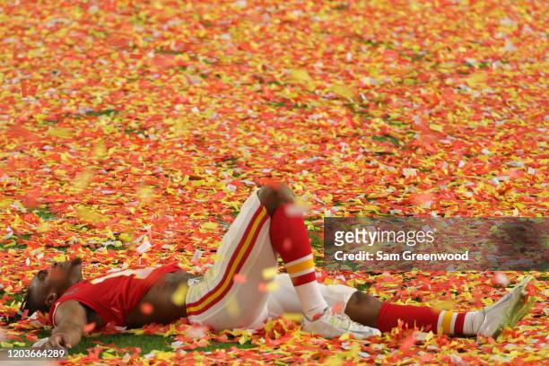 Demarcus Robinson of the Kansas City Chiefs celebrates after defeating the San Francisco 49ers in Super Bowl LIV at Hard Rock Stadium on February 02,...