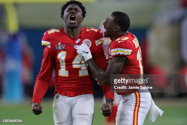 Sammy Watkins of the Kansas City Chiefs reacts during the fourth quarter against the San Francisco 49ers in Super Bowl LIV at Hard Rock Stadium on...