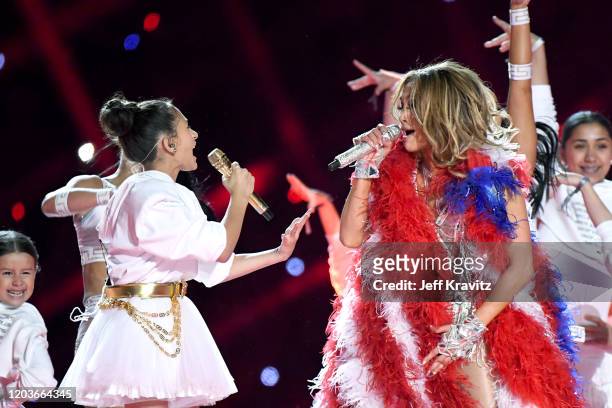 Emme Maribel Muñiz and Jennifer Lopez perform onstage during the Pepsi Super Bowl LIV Halftime Show at Hard Rock Stadium on February 02, 2020 in...