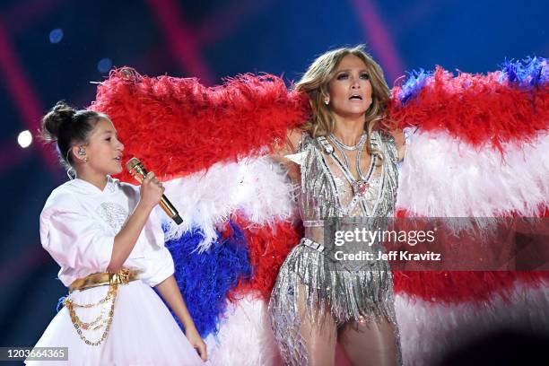 Emme Maribel Muñiz and Jennifer Lopez perform onstage during the Pepsi Super Bowl LIV Halftime Show at Hard Rock Stadium on February 02, 2020 in...