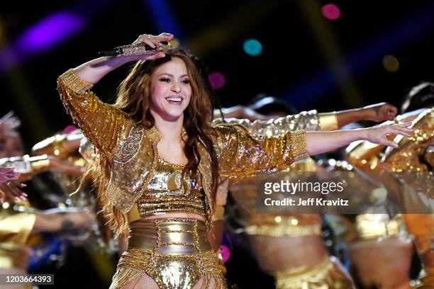 Shakira performs onstage during the Pepsi Super Bowl LIV Halftime Show at Hard Rock Stadium on February 02, 2020 in Miami, Florida.