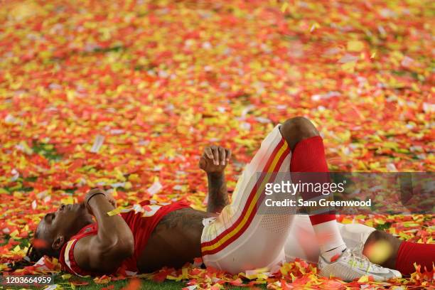 Demarcus Robinson of the Kansas City Chiefs celebrates after defeating the San Francisco 49ers in Super Bowl LIV at Hard Rock Stadium on February 02,...