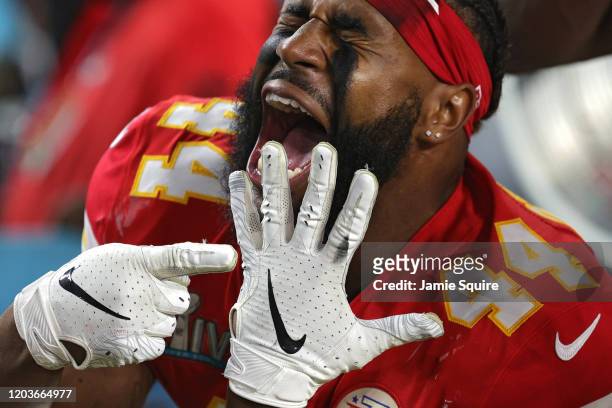 Dorian O'Daniel of the Kansas City Chiefs celebrates after defeating the San Francisco 49ers in Super Bowl LIV at Hard Rock Stadium on February 02,...